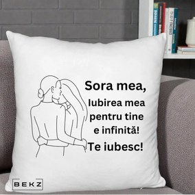 Cadou pentru Sora - Perna Personalizata Sora Mea Te Iubesc Imbratisare din Spate Line Art, 40x40 cm, Alb Pufos, Husa Detasabila, Perna Inclusa, BEKZ®