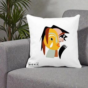 Perna Decorativa Portret Abstract Galben-Ocru, 40x40 cm, Alba Mata, Husa Detasabila, Perna Inclusa, BEKZ®