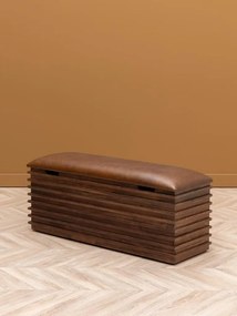 Banchetă din piele naturală cu structură și spațiu de depozitare din lemn de acacia, maro antichizat, finisaj lucios, 110×40,5×36 cm, „Leya"