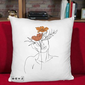 Perna Decorativa Portret Feminin Doua Flori, 40x40 cm, Alb Pufos, Husa Detasabila, Perna Inclusa, BEKZ®