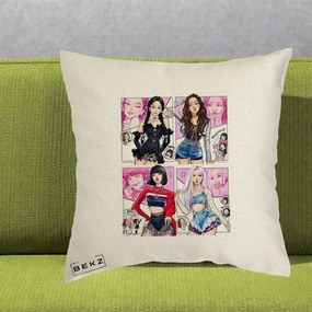 Perna Personalizata K-pop BLACKPINK Fanart Manga Benzi Desenate 4 Membre, 40x40 cm, Ecru, Husa Detasabila, Perna Inclusa, BEKZ®