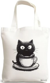 Sacosa de Panza pentru Cumparaturi, Geanta Tote, model Caffeine Cat 12 38 x 34.5 cm, Alba, BEKZ®