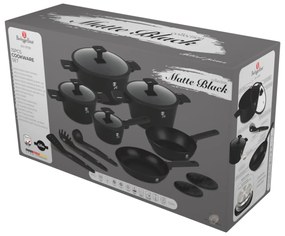 Set oale si tigai cu capace 15 Matte Black Piese Berlinger Haus BH 8198, negre, antiaderente, compatibile inductie