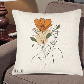 Perna Decorativa Portret Feminin Floare Portocalie, 40x40 cm, Crem Reliefat, Husa Detasabila, Perna Inclusa, BEKZ®