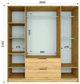 Dulap VISTA cu oglindă, 200x215 cm, stejar artisan/grafit