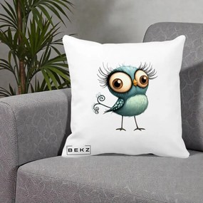 Perna Decorativa Pasare Teal cu Gene si Coada Spiralata, 40x40 cm, Alba Mata, Husa Detasabila, Perna Inclusa, BEKZ®