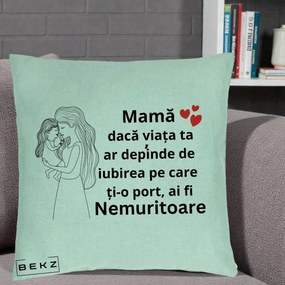 Cadou pentru Mama - Perna Personalizata Mama Nemuritoare cu Copilul in Poala, 40x40 cm, Verde Menta, Husa Detasabila, Perna Inclusa, BEKZ®