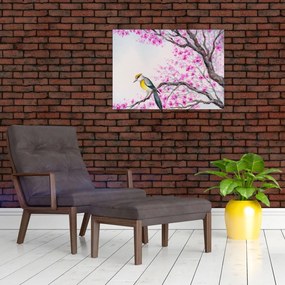 Tablou pe sticlă - Pasăre pe un copac cu flori roz (70x50 cm)