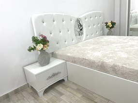 Dormitor Viena, culoare alb, cu pat tapitat 160 x 200 cm, dulap cu 2 usi, comoda cu oglinda, 2 noptiere
