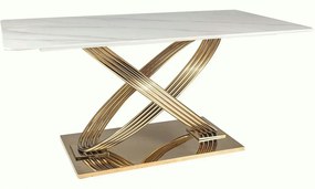 Masa dining 160 cm HERMES, alb cu efect de marmura/auriu, ceramica/met