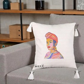 Perna Decorativa Portret Femeie Africana, 40x40 cm, Bej cu Franjuri, Husa Detasabila, Perna Inclusa, BEKZ®