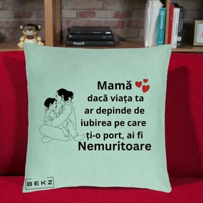 Cadou pentru Mama - Perna Personalizata Mama Nemuritoare Kawaii, 40x40 cm, Verde Menta, Husa Detasabila, Perna Inclusa, BEKZ®