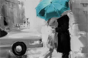 Tablou - Cuplu în dragoste cu umbrelă, albastru (90x60 cm)