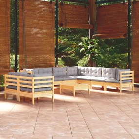 3096904 vidaXL Set mobilier grădină cu perne, 10 piese, gri, lemn masiv pin