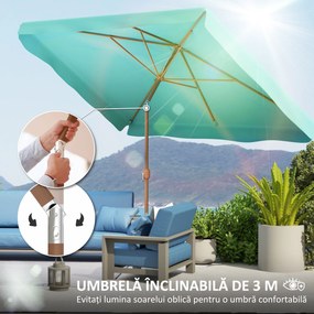Outsunny Umbrelă de Grădină Înclinabilă cu Deschidere cu Manivelă și Orificiu de Aerisire, 300x200x235 cm, Turcoaz | Aosom Romania