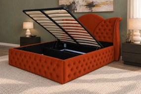 Pat tapițat Chesterfield din catifea Velora Deluxe Classic 160×200 cm, cărămiziu, cu ladă de depozitare