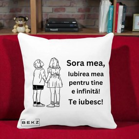 Cadou pentru Sora - Perna Personalizata Sora Mea Te Iubesc Copii Tinand Maini Line Art, 40x40 cm, Alba Mata, Husa Detasabila, Perna Inclusa, BEKZ®
