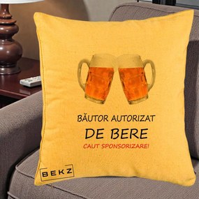 Perna Decorativa Bautor Autorizat de Bere, 40x40 cm, Galben, Husa Detasabila, Perna Inclusa, BEKZ®