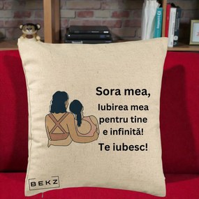 Cadou pentru Sora - Perna Personalizata Sora Mea Te Iubesc Doua Fete Fashioniste Line Art, 40x40 cm, Bej, Husa Detasabila, Perna Inclusa, BEKZ®