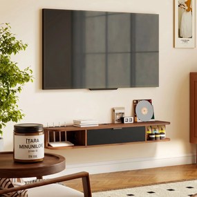 HOMCOM Mobilier TV Suspendat, Suport TV Până la 50" cu Sertar Rabatabil, 2 Rafturi Deschise și Orificiu pentru Cabluri, Mobilier pentru Televizor pentru Sufragerie, Dormitor și Sală de Stat, 120x24x16 cm, Nuc | Aosom Romania
