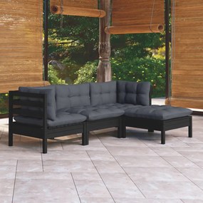 3096350 vidaXL Set mobilier grădină cu perne, 4 piese, negru, lemn de pin