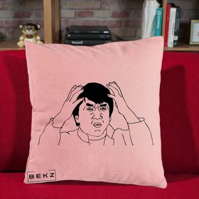 Perna Decorativa Jackie Chan WTF, 40x40 cm, Roz, Husa Detasabila, Perna Inclusa, BEKZ®
