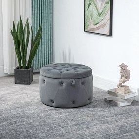 HOMCOM Puf, rotund, cu spațiu de depozitare, model matlasat cu butoane, catifea, gri, 60 x 60 x 40 cm | Aosom Romania