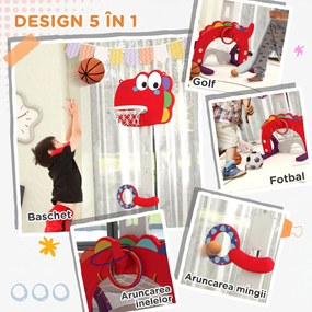 AIYAPLAY Cerc de Baschet pentru Copii, Înălțime Reglabilă, Set de Baschet 5 în 1 cu Fotbal, Golf, Lasou, 46x51x134-152 cm, Roșu | Aosom Romania