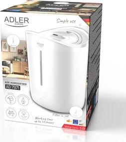 Umidificator de aer Adler AD 7971, 30 W, Pana la 20 m², 5 litri, 150-300 ml/h, ultrasonic, Pana la 50 h cu o umplere, Alb