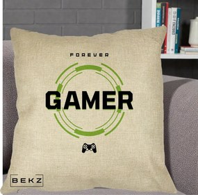 Perna Personalizata Forever Gamer, 40x40 cm, Crem, Husa Detasabila, Perna Inclusa, BEKZ®