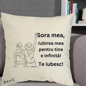 Cadou pentru Sora - Perna Personalizata Sora Mea Te Iubesc Line Art Portrete Colorate, 40x40 cm, Ecru, Husa Detasabila, Perna Inclusa, BEKZ®