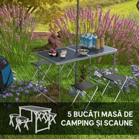 Outsunny Set Masă de Camping Pliabilă cu 4 Scaune, Masă de Picnic Reglabilă pe Înălțime, 4 Bănci și Orificiu pentru Umbrelă, din Aluminiu, pentru Picnic, Mare, Grădină, Negru | Aosom Romania