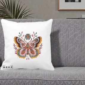 Perna Decorativa Fluture Boho Floral, 40x40 cm, Alba Mata, Husa Detasabila, Perna Inclusa, BEKZ®