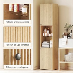 HOMCOM Coloană Baie Slim 6 Rafturi, 2 Uși, Compartimente Deschise, Raft din Sticlă Securizată, Rafturi Reglabile, Stejar | Aosom Romania