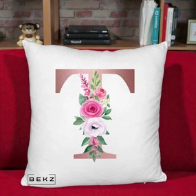 Cadou Personalizat - Perna Personalizata Monograma Rose Gold Litera T, 40x40 cm, Alb Pufos, Husa Detasabila, Perna Inclusa, BEKZ®