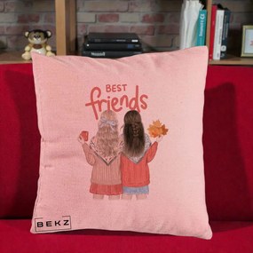 Cadou pentru Prieteni - Perna Personalizata Best Friends Toamna, 40x40 cm, Roz, Husa Detasabila, Perna Inclusa, BEKZ®