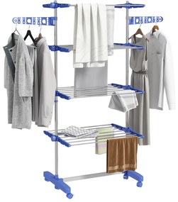 HOMCOM Suport Vertical de Uscare, Suport Pliabil de Uscare cu 6 Roți și 4 Rafturi Reglabile, 142x55x172 cm, Alb și Argintiu | Aosom Romania