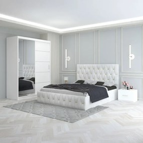 Set Mobila De Dormitor Eric Alb, pat tapitat 160x200cm,  dulap cu oglinda 150x210cm, noptiere