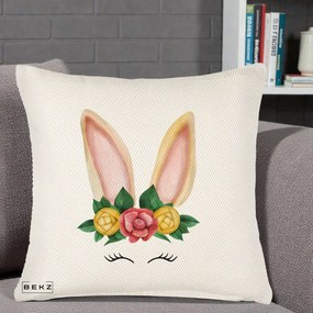 Perna Decorativa Iepuras Flori Urechi Pastelui, 40x40 cm, Crem Reliefat, Husa Detasabila, Perna Inclusa, BEKZ®