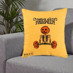 Perna Decorativa Halloween Schelet cu Cap de Dovleac Powerlifting, 40x40 cm, Galben, Husa Detasabila, Perna Inclusa, BEKZ®