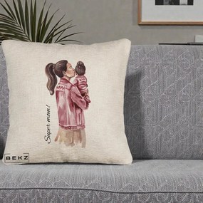Cadou pentru Mama - Perna Personalizata Super Mom Jachete Roz, 40x40 cm, Bej Canapea, Husa Detasabila, Perna Inclusa, BEKZ®