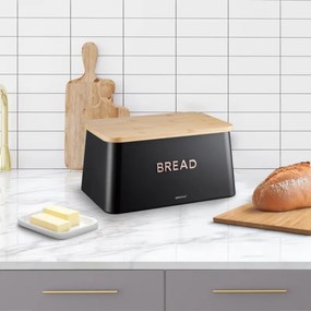 Cutie de paine cu capac pentru taiere Kinghoff KH-1948, 35 cm, Bambus, Otel, Negru