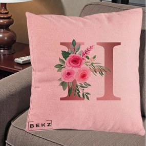 Cadou Personalizat - Perna Personalizata Monograma Rose Gold Litera H, 40x40 cm, Roz, Husa Detasabila, Perna Inclusa, BEKZ®