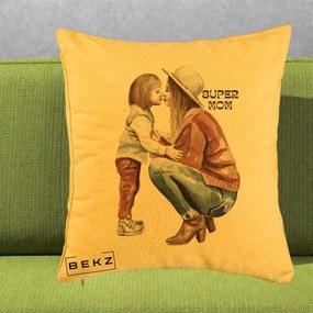 Cadou pentru Mama - Perna Personalizata Super Mom Acuarela, 40x40 cm, Galben, Husa Detasabila, Perna Inclusa, BEKZ®