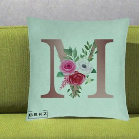 Cadou Personalizat - Perna Personalizata Monograma Rose Gold Litera M cu Trandafiri, 40x40 cm, Verde Menta, Husa Detasabila, Perna Inclusa, BEKZ®