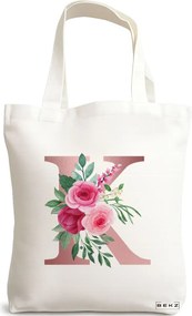 Sacosa de Panza pentru Cumparaturi, Geanta Tote, Cu litera K Rose Gold si Trandafiri, 38x34.5 cm, Alba, BEKZ®