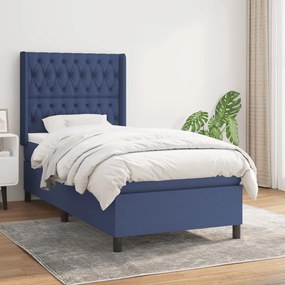 Pat box spring cu saltea, albastru, 90x190 cm, textil Albastru, 90 x 190 cm, Design cu nasturi