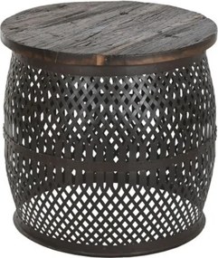 Măsuță laterală rotundă din lemn masiv de mango și metal, maro, cu bază din benzi de metal împletite, 55 x 58 cm, „Malla”