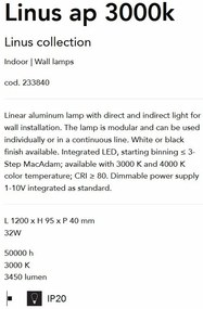 Aplica perete LED liniara 120cm ambientala LINUS AP 3000K WH