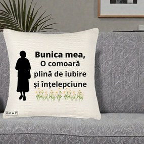 Cadou pentru Bunica - Perna Personalizata Bunica Mea Comoara Iubire Intelepciune Silueta cu Nepoata, 40x40 cm, Crem Reliefat, Husa Detasabila, Perna Inclusa, BEKZ®
